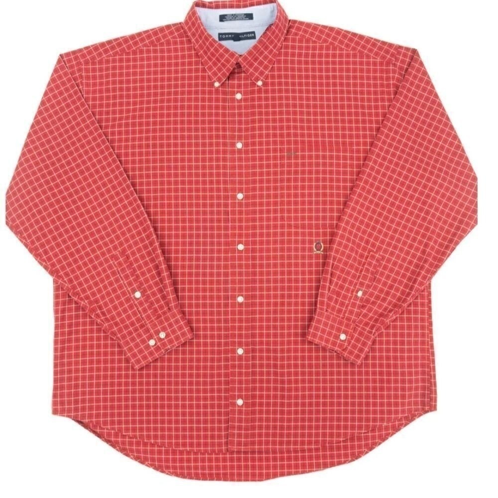 Vintage Tommy Hilfiger Red Plaid Shirt Men XL Y2K 2001 Original Logo Classic Fit